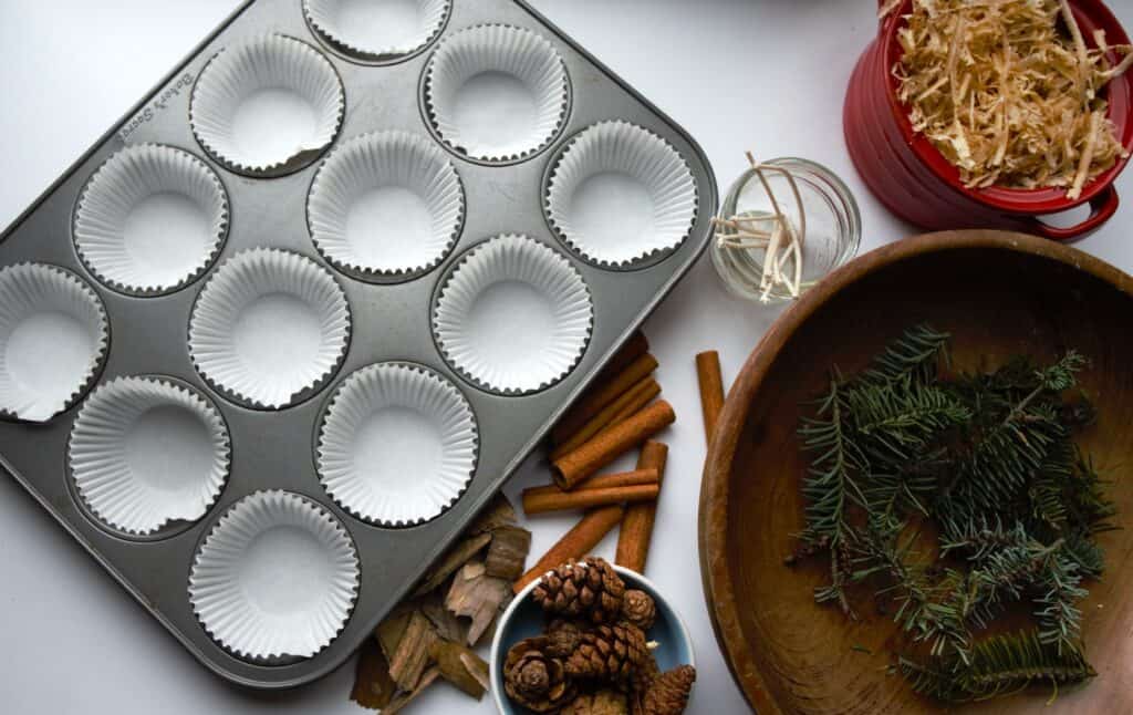 muffin tin and fire starter supplies
