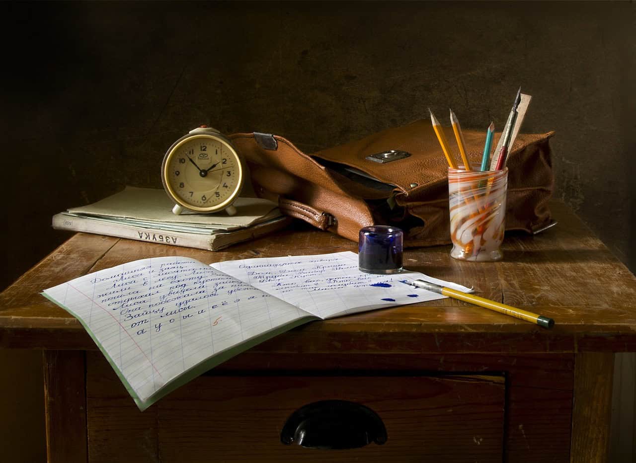 desk covered in school supplies